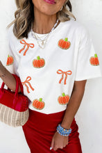 Load image into Gallery viewer, White Sequin Chenille Pumpkin Bow Pattern Casual Short T Shirt