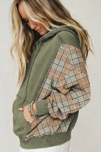 Load image into Gallery viewer, Black Plaid Sleeve Drawstring Pocket Hooded Sweatshirt