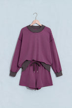 Load image into Gallery viewer, Blue Stripe Ribbed Patchwork Mock Neck Baggy Pullover Matching Shorts Set