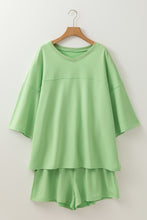 Load image into Gallery viewer, Meadow Mist Green Plus Size V Neck Drop Shoulder Tee Loose Shorts 2pcs Outfit