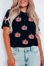 Load image into Gallery viewer, Black Sequined Pumpkin Graphic Round Neck Casual T Shirt