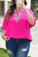 Load image into Gallery viewer, Rose Red Leopard Accent Notched Neck Plus Size Short Sleeve Top