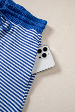 Load image into Gallery viewer, Blue Stripe Oversized Long Sleeve Top Drawstring Loose Shorts 2pcs Set