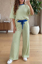 Load image into Gallery viewer, Pink Stripe Colorblock Trim Crew Neck Loose Tee Drawstring Elastic Waist 2pcs Pant Set