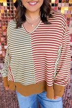 Load image into Gallery viewer, Brown Stripe Striped Colorblock V Neck Oversized Long Sleeve Plus Size Blouse