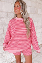 Load image into Gallery viewer, Blue Stripe Ribbed Patchwork Mock Neck Baggy Pullover Matching Shorts Set