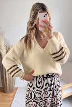 Load image into Gallery viewer, Beige V Neck Leopard Striped Detail Long Sleeve Casual Sweater