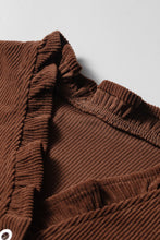 Load image into Gallery viewer, Coffee Solid Color Ruffle Trim V Neck Long Sleeve Button Corduroy Shakcet