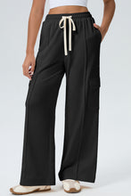 Load image into Gallery viewer, Black Solid Color Drawstring Elastic Waist Cargo Patch Pocket Active Pants