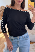 Load image into Gallery viewer, Black 3/4 Sleeve Button Detail Off Shoulder Top