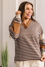 Load image into Gallery viewer, Brown Stripe Collar V Neck Color Block Detail Long Sleeve Pullover Top