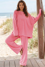 Load image into Gallery viewer, Beige Stripe Contrast Trim Round Neck Oversize Long Sleeve Top 2pcs Pant Set