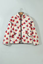 Load image into Gallery viewer, White Floral Print Zipper Stand Neck Outerwear Fleece Coat