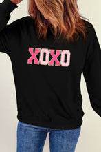 Load image into Gallery viewer, Black Chenille XOXO Patched Drop Shoulder Valentines Pullover Sweatshirt
