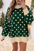 Load image into Gallery viewer, Green Polka Dot Pattern Ribbed Colorblock Trim Split Tunic Sweater