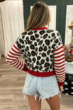 Load image into Gallery viewer, White Leopard Print Striped Sleeves Round Neck Button Cropped Cardigan
