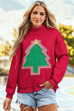 Load image into Gallery viewer, Fiery Red Frayed Applique Christmas Tree Mock Neck Pullover Sweatshirt