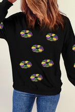 Load image into Gallery viewer, Black Sequined Donuts of Mardi Gras Colors Drop Shoulder Sweatshirt