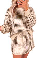 Load image into Gallery viewer, Brown Gingham Oversized Ribbed Trim Crew Neck Long Sleeve Top and Skort Set