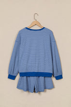 Load image into Gallery viewer, Blue Stripe Oversized Long Sleeve Top Drawstring Loose Shorts 2pcs Set