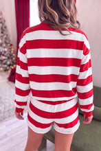 Load image into Gallery viewer, Red Stripe Holly Jolly Embroidery Pullover Long Sleeve Two Piece Shorts Set