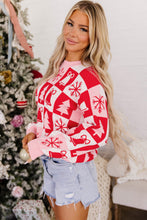 Load image into Gallery viewer, Pink Christmas Plaid Pullover Round Neck Long Sleeve Casual Fit Tunic Knitwear Sweater