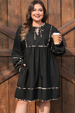Load image into Gallery viewer, Black Plus Size Long Sleeve Leopard Contrasted Trim Tie Neck Flared Mini Dress