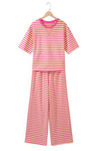 Load image into Gallery viewer, Pink Stripe Colorblock Trim Crew Neck Loose Tee Drawstring Elastic Waist 2pcs Pant Set