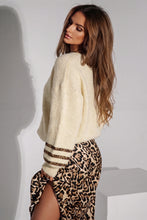 Load image into Gallery viewer, Beige V Neck Leopard Striped Detail Long Sleeve Casual Sweater