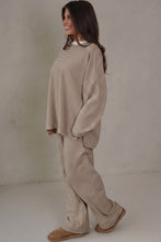Load image into Gallery viewer, Beige Stripe Contrast Trim Round Neck Oversize Long Sleeve Top 2pcs Pant Set