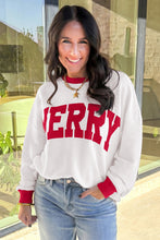 Load image into Gallery viewer, Beige Color Block Trim Merry Slogan Pullover Sweatshirt