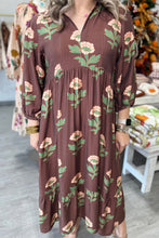 Load image into Gallery viewer, Brown Floral Print V-Neck Long Sleeve Loose Shift Plus Size Dress