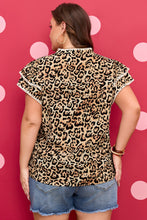 Load image into Gallery viewer, Khaki Plus Size Leopard Print Stitch Detail Ruffled Short Sleeve Blouse