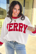 Load image into Gallery viewer, Beige Color Block Trim Merry Slogan Pullover Sweatshirt