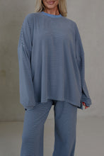Load image into Gallery viewer, Beige Stripe Contrast Trim Round Neck Oversize Long Sleeve Top 2pcs Pant Set