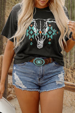 Load image into Gallery viewer, Carbon Grey Plus Size Western Aztec Bull Skull Printed T Shirt
