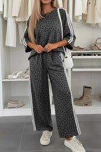 Load image into Gallery viewer, Pink Leopard Print Varsity Striped Detail 3/4 Sleeve Top Shift Pant Set