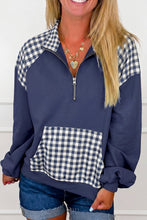 Load image into Gallery viewer, Navy Blue Patchwork Plaid Pocket Quarter Zip Sweatshirt