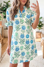 Load image into Gallery viewer, Sky Blue Floral Print Half Button Frilly Short Sleeve Dress