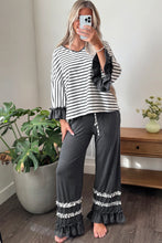 Load image into Gallery viewer, Gray Stripe V Neck Ruffle Contrast Sleeve Top Drawstring Pants 2pcs Set