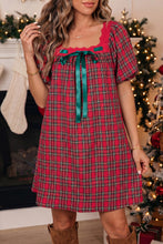 Load image into Gallery viewer, Red Plaid Square Collar Lace Trim Short Sleeve Shift Mini Dress