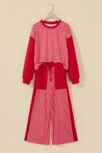 Load image into Gallery viewer, Red Color Block Plaid Patchwork Long Sleeve Pullover Wide Leg Pant Set