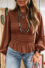 Load image into Gallery viewer, Bright Green Solid Color Smocked Ruffle Hem Long Sleeve Blouse