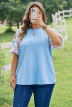 Load image into Gallery viewer, Light Blue Textured Bodice Contrast Floral Sleeve Plus Size Top
