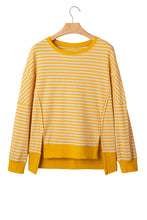 Load image into Gallery viewer, Pink Stripe Textured Knit Color Block Trim Split Hem Long Sleeve Top