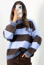Load image into Gallery viewer, Sky Blue Stripe Contrast High Neck Dropped Shoulder Relaxed Pullover Sweater
