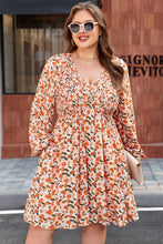 Load image into Gallery viewer, Beige Plus Size Floral Print V Neck Long Sleeve Babydoll Short Dress