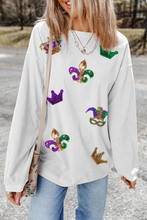 Load image into Gallery viewer, White Sequin Mardi Gras Symbol Crown Mask Patched Corded Sweatshirt