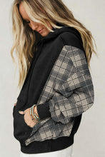 Load image into Gallery viewer, Black Plaid Sleeve Drawstring Pocket Hooded Sweatshirt