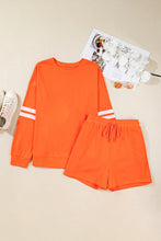 Load image into Gallery viewer, Orange Plus Size Varsity Striped Drop Shoulder Pullover Drawstring Elastic Waistband Short Set